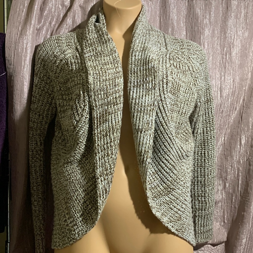 Effeci Sweater Open Cardigan L Brown Cream Stretchy Long Sleeve Knit Acrylic